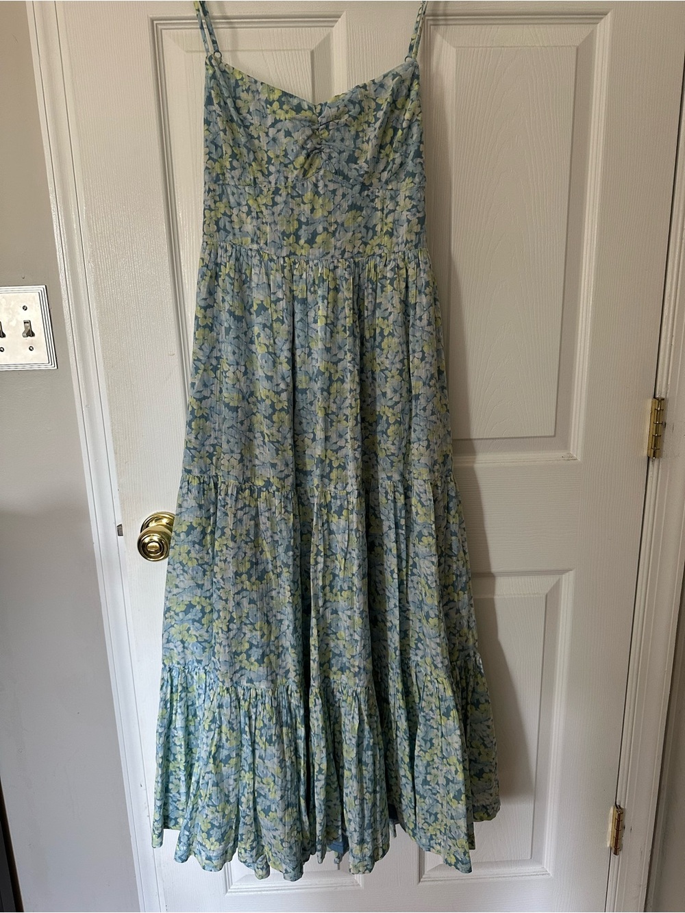 American Eagle Blue Green Floral Tiered Maxi Dress M Tie Back Smocked